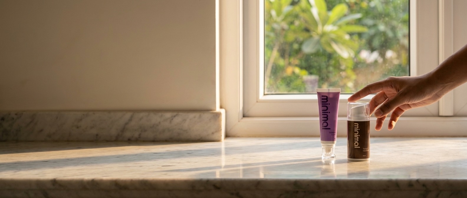 minimal Fairness Cream and Tinted Sunblock on a marble ledge in morning light