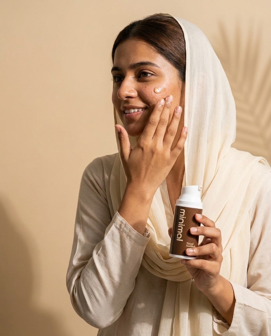 A woman in a cream dupatta applying minimal Tinted Sunblock to her cheek, holding the bottle