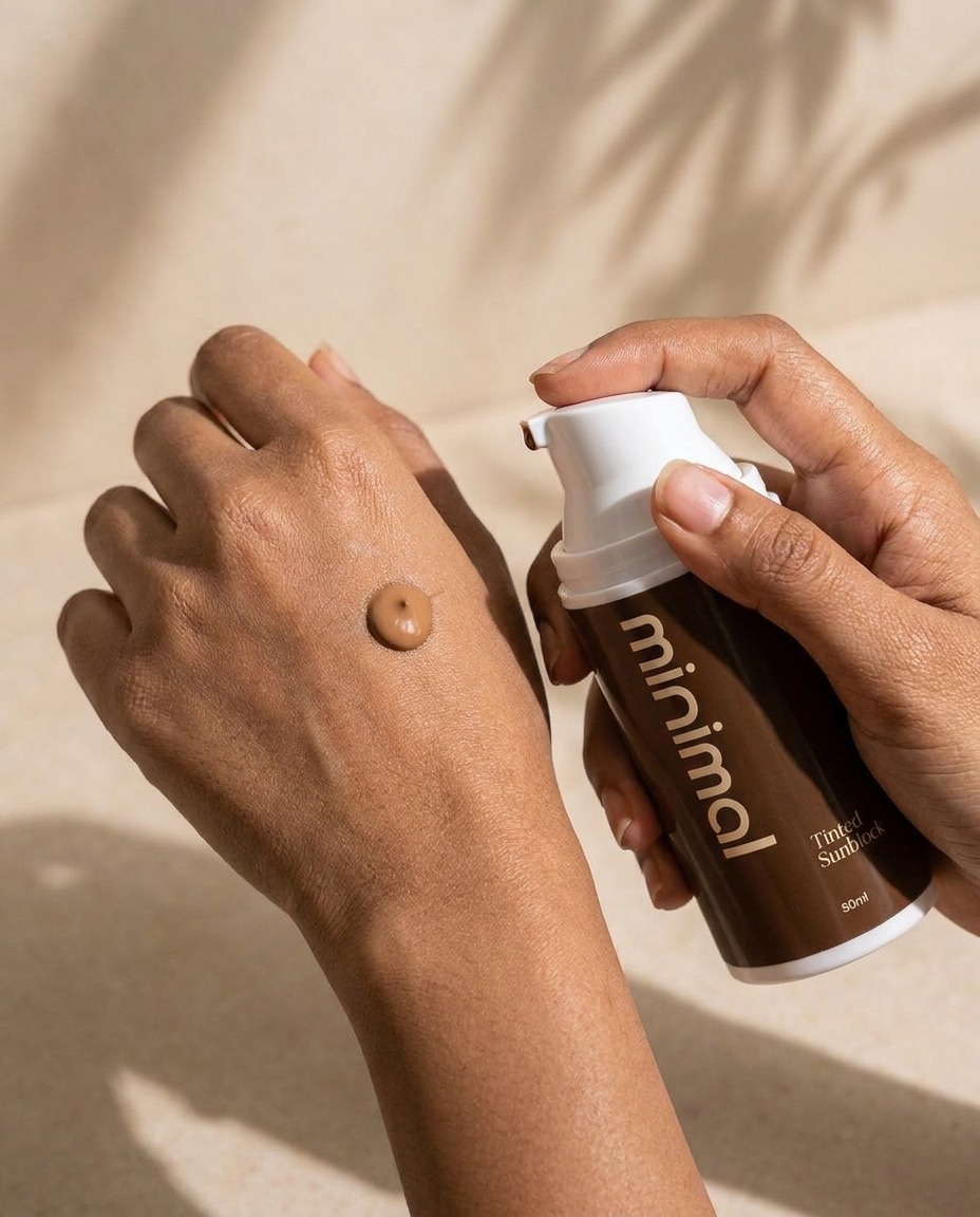 Applying a dot of minimal Tinted Sunblock to the back of a hand